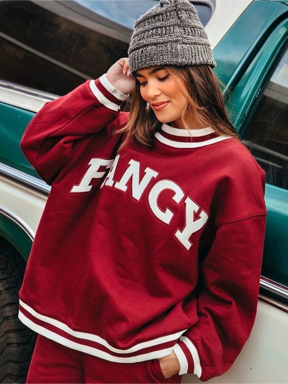 Shop Fancy Mockneck Varsity Sweatshirt Red White Size L/XL